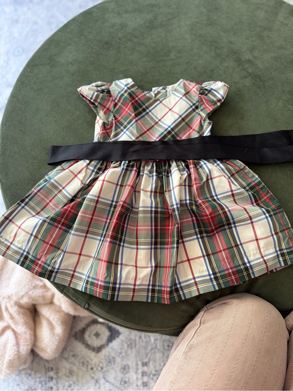 Ralph Lauren Cream Plaid Holiday Dress with Black Sash and bloomers 9M